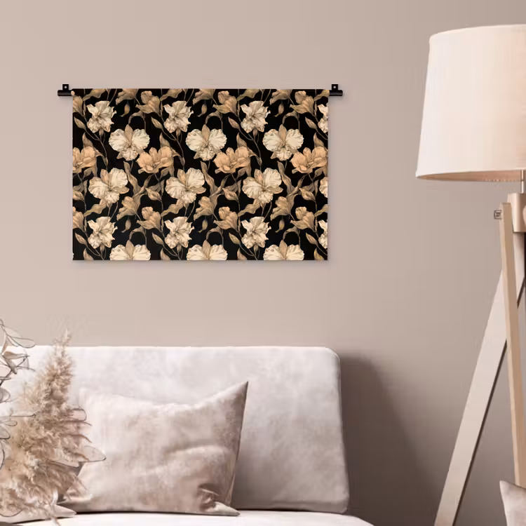 Orchideeën - Lijntekening - Patroon - Beige - Zwart Wandkleed katoen klein 269 -sfeer4