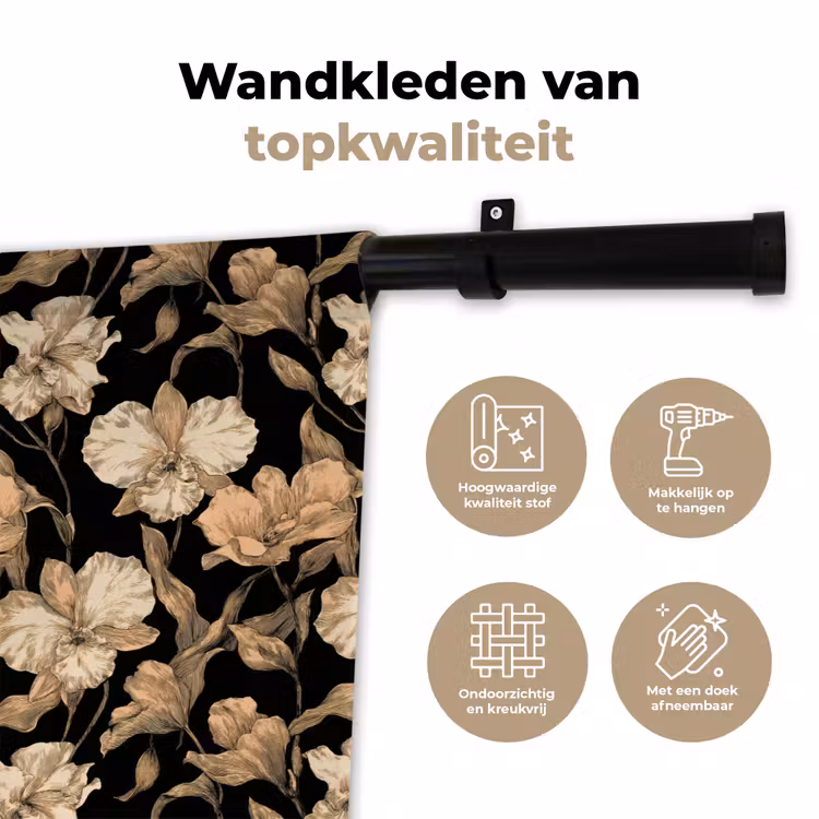 Orchideeën - Lijntekening - Patroon - Beige - Zwart Wandkleed katoen klein 269 -sfeer2