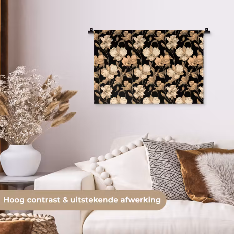Orchideeën - Lijntekening - Patroon - Beige - Zwart Wandkleed katoen klein 269 -sfeer1