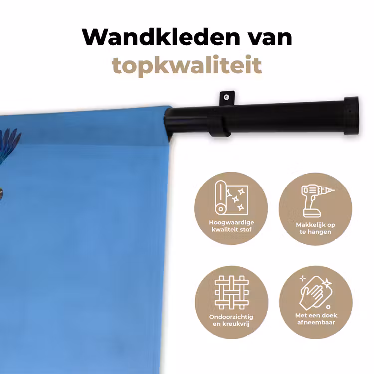Papagaai - Vliegen - Blauw - Geel Wandkleed katoen klein -sfeer2