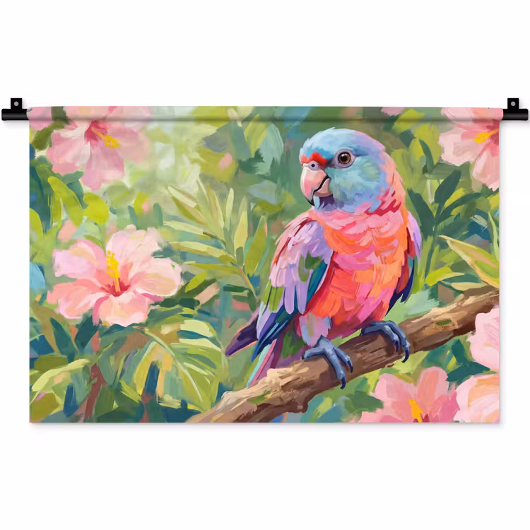 Papagaai - Hibiscusbloemen - Kleurrijk Wandkleed katoen klein -zz3d