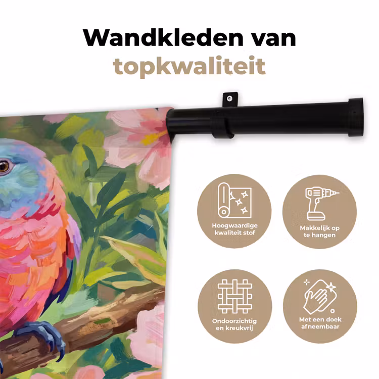 Papagaai - Hibiscusbloemen - Kleurrijk Wandkleed katoen klein -sfeer2