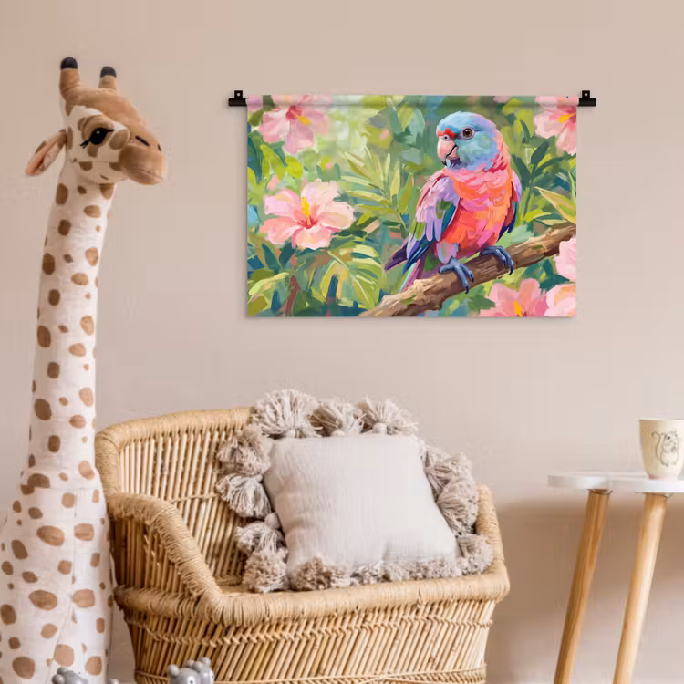Papagaai - Hibiscusbloemen - Kleurrijk Wandkleed katoen klein -wsfeer5_kind