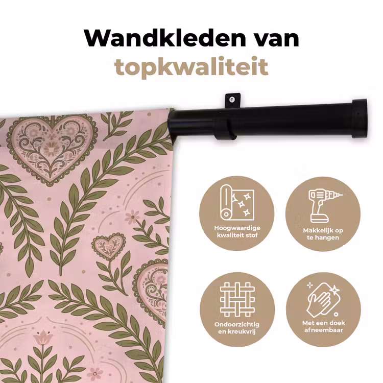 Patroon - Hart - Bloemen - Folkloristisch - Roze Wandkleed katoen klein -sfeer2