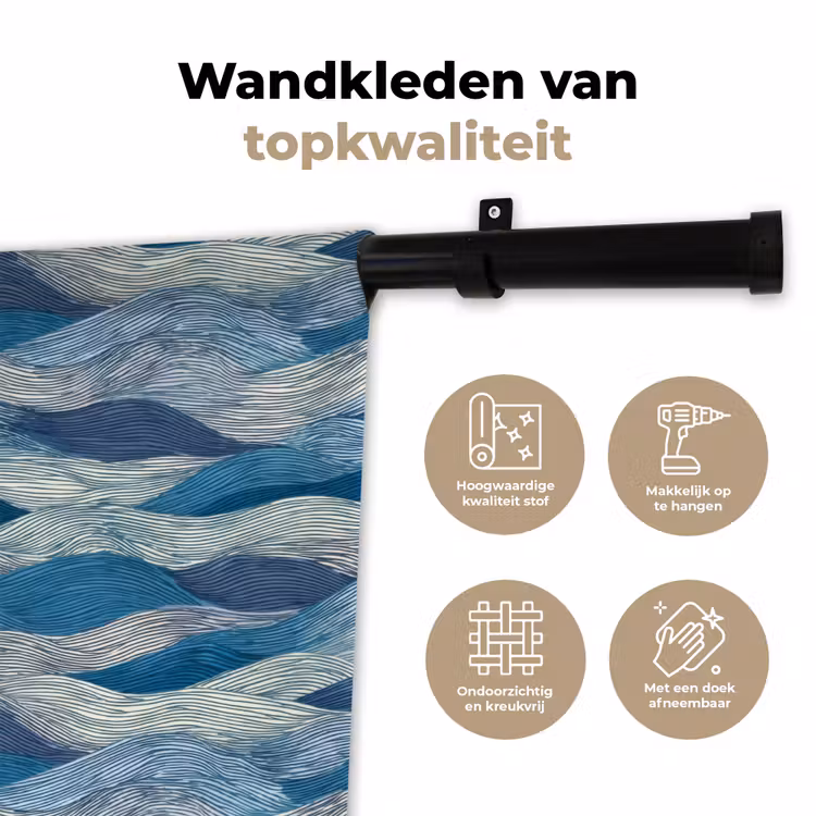 Getekend - Blauw - Wit - Golvend - Streepjes Wandkleed katoen klein 269 -sfeer2