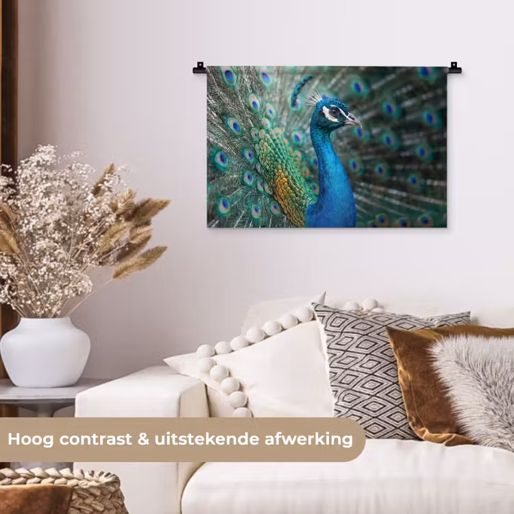Pauw - Veren - Blauw Wandkleed katoen klein -sfeer1