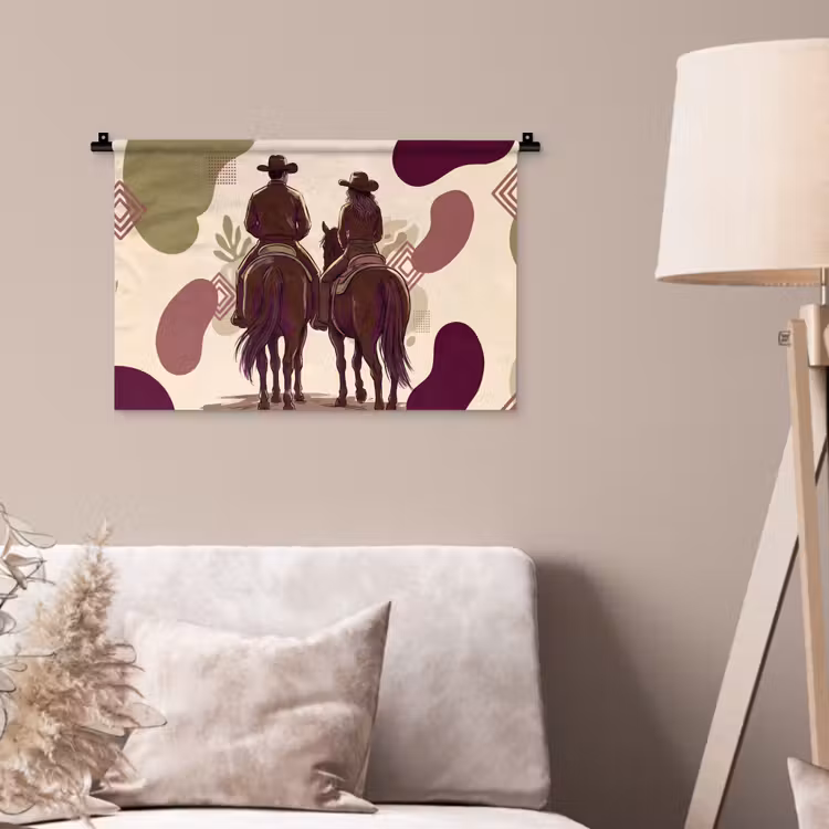 Mensen - Ruiters - Western - Illustratie - Bruin Wandkleed katoen klein -sfeer4