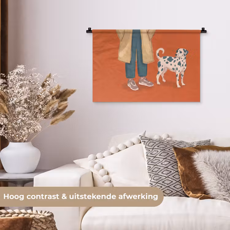 Persoon - Hond - Dieren - Illustratie - Modern Wandkleed katoen klein -sfeer1