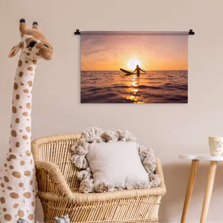 Persoon - Surfen - Zonsondergang - Zee - Oranje Wandkleed katoen klein -wsfeer5_kind