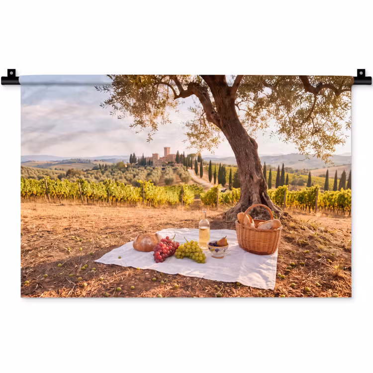 Picknick - Wijngaard - Landschap - Zomer - Eten Wandkleed katoen klein -zz3d
