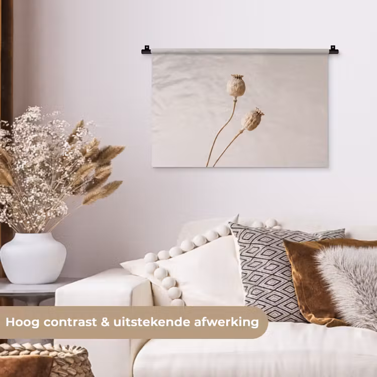 Papaverbollen - Droogbloemen - Minimalistisch - Beige - Rustig Wandkleed katoen klein -sfeer1