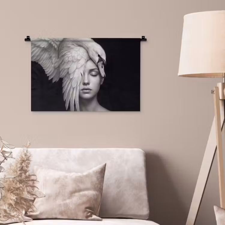Portret - Zwaan - Zwart - Wit Wandkleed katoen klein -sfeer4