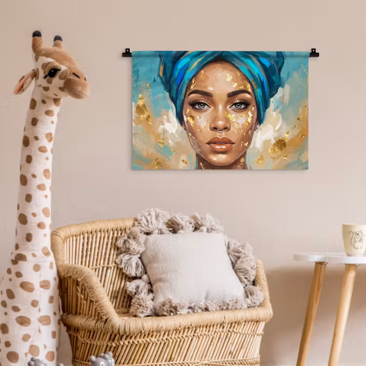 Portret - Vrouw - Schilderij - Blauw - Goud - Expressief Wandkleed katoen klein -wsfeer5_kind