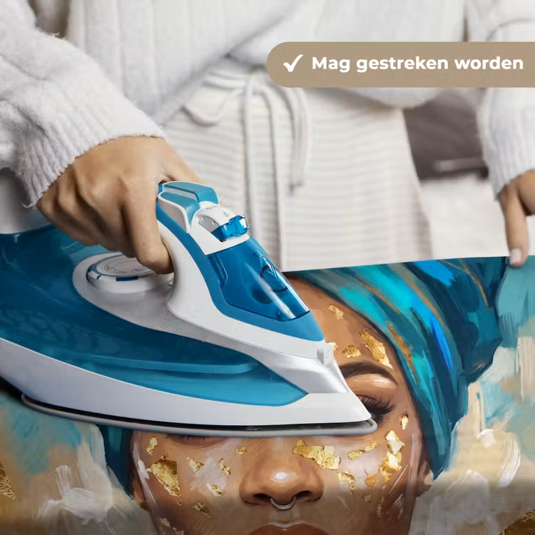 Portret - Vrouw - Schilderij - Blauw - Goud - Expressief Wandkleed katoen klein -sfeer9