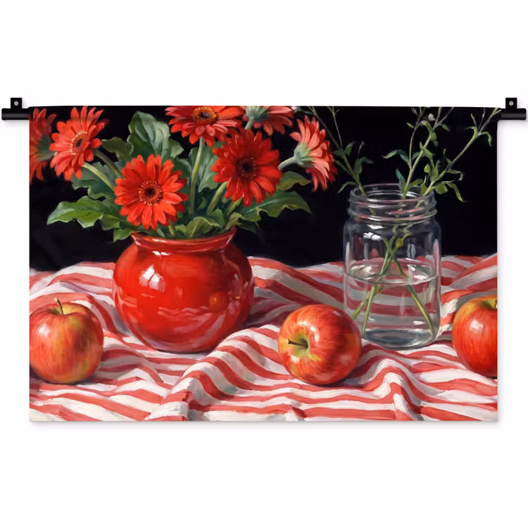 Wall Hanging - Red Flowers - Vase - Rode bloemen - Vaas Wandkleed katoen klein