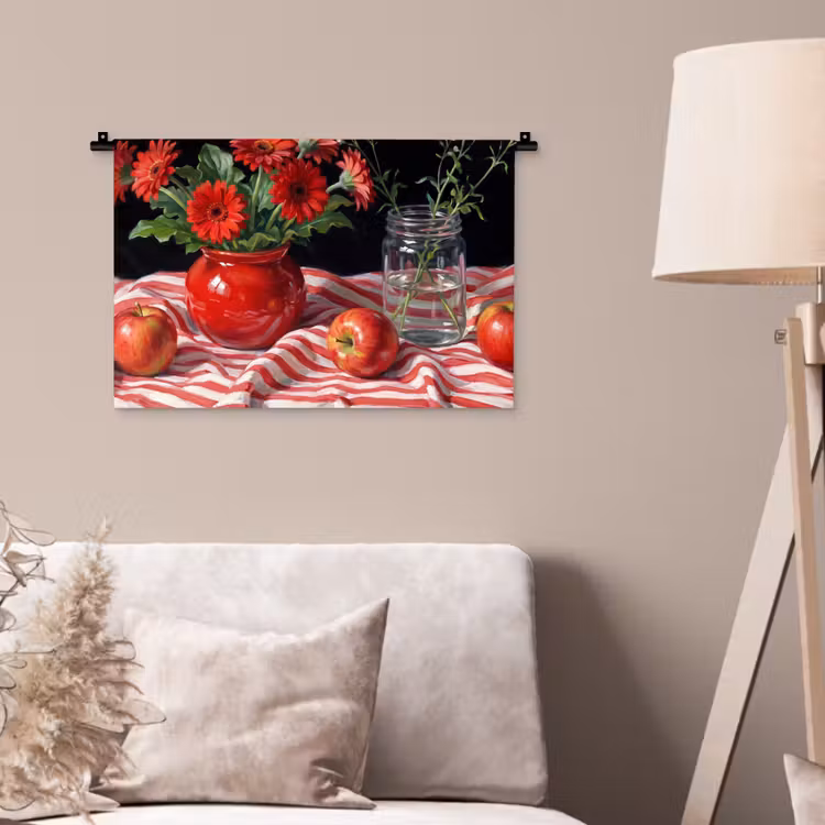 Wall Hanging - Red Flowers - Vase - Rode bloemen - Vaas Wandkleed katoen klein