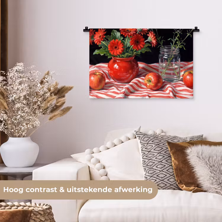 Wall Hanging - Red Flowers - Vase - Rode bloemen - Vaas Wandkleed katoen klein