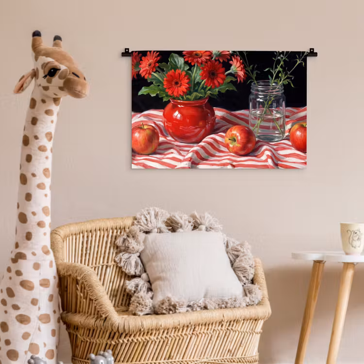 Wall Hanging - Red Flowers - Vase - Rode bloemen - Vaas Wandkleed katoen klein