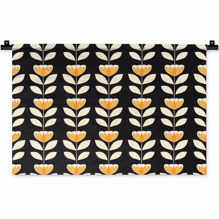 Retro - Bloem - Zwart - Okergeel Wandkleed katoen klein 269 -zz3d