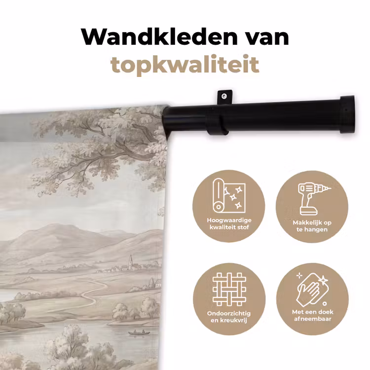 Rivierlandschap - Bergen - Natuur - Vintage - Beige Wandkleed katoen klein -sfeer2