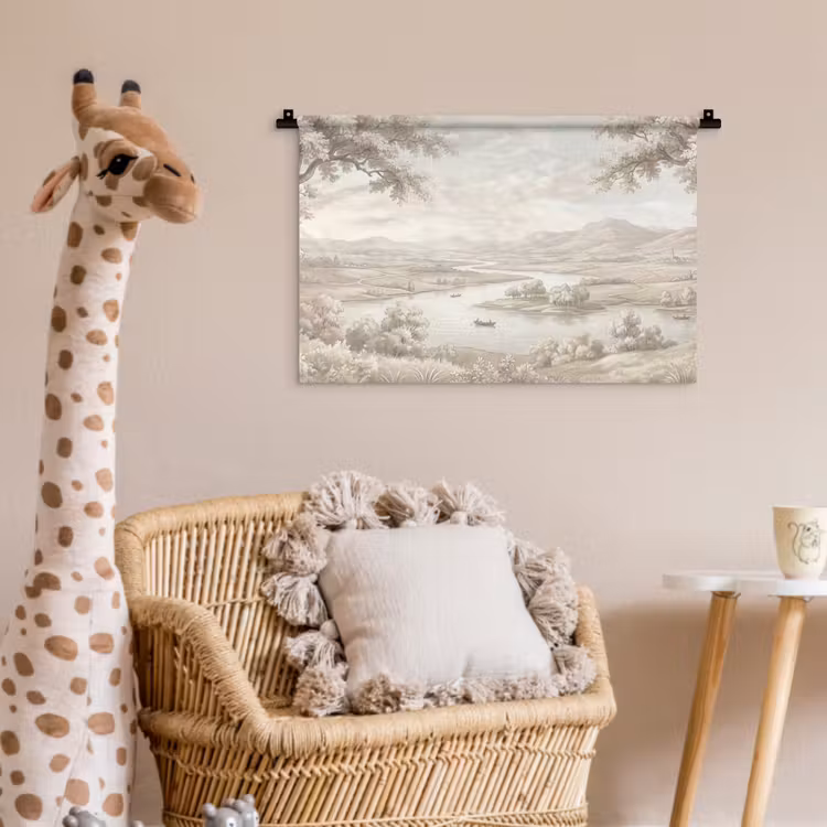 Rivierlandschap - Bergen - Natuur - Vintage - Beige Wandkleed katoen klein -wsfeer5_kind