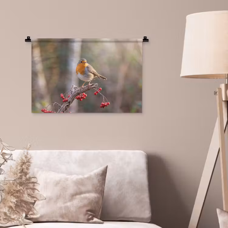 Roodborst - Tak - Bessen - Natuur Wandkleed katoen klein -sfeer4