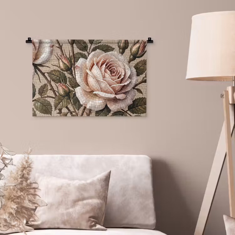 Roos - Mozaïek - Bloemen - Klassiek - Beige Wandkleed katoen klein -sfeer4