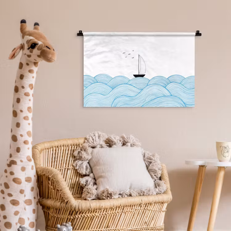 Zeilboot - Golven - Zee - Illustratie - Blauw Wandkleed katoen klein -wsfeer5_kind