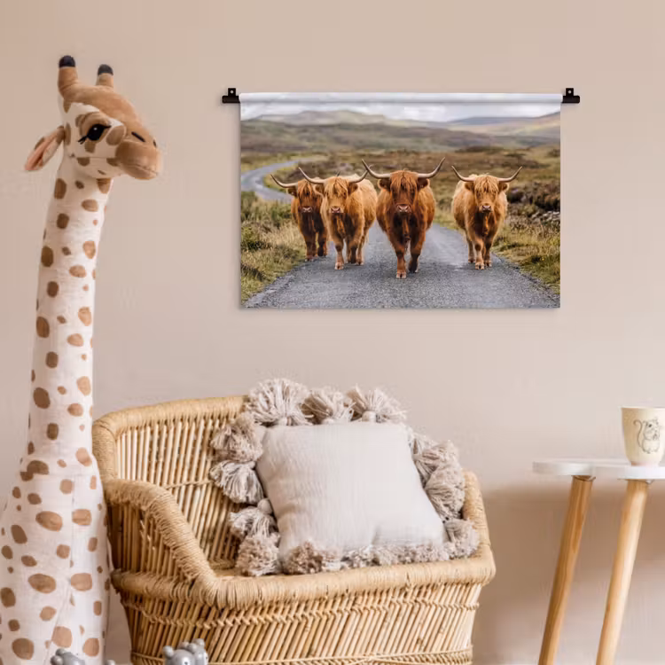 Schotse Hooglanders - Weg - Landschap - Kudde Wandkleed katoen klein -wsfeer5_kind