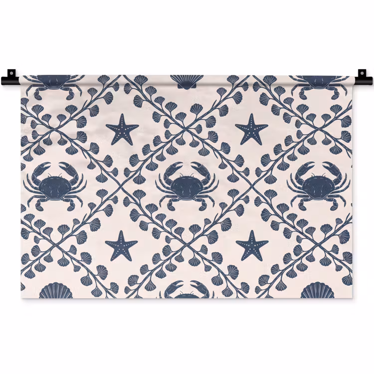 Zee - Krab - Zeester - Patroon - Blauw Wandkleed katoen klein -zz3d