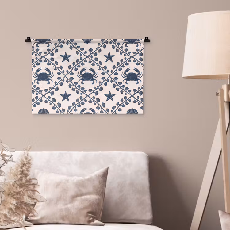 Zee - Krab - Zeester - Patroon - Blauw Wandkleed katoen klein -sfeer4