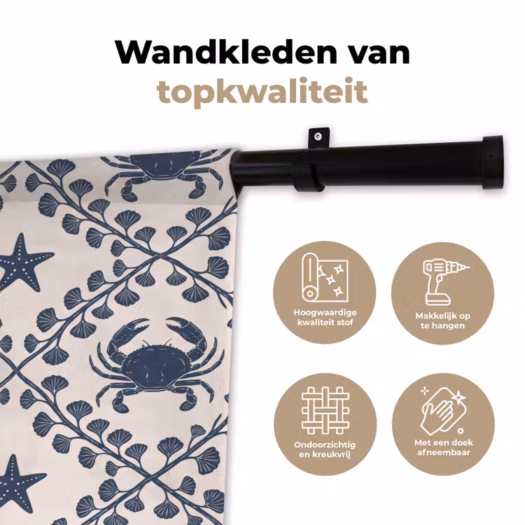 Zee - Krab - Zeester - Patroon - Blauw Wandkleed katoen klein -sfeer2