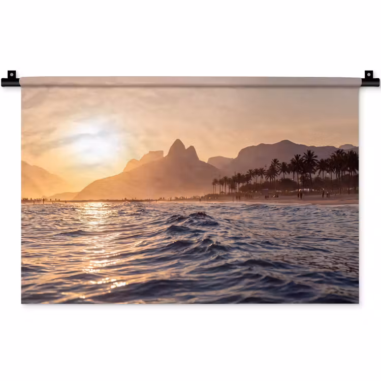 Zee - Golven - Zonsondergang - Kust - Goud Wandkleed katoen klein -zz3d