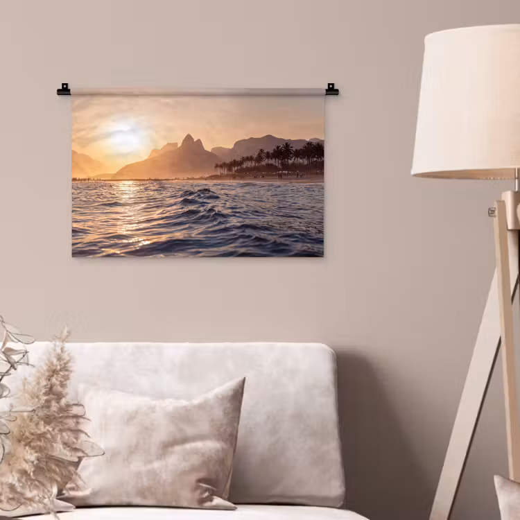 Zee - Golven - Zonsondergang - Kust - Goud Wandkleed katoen klein -sfeer4