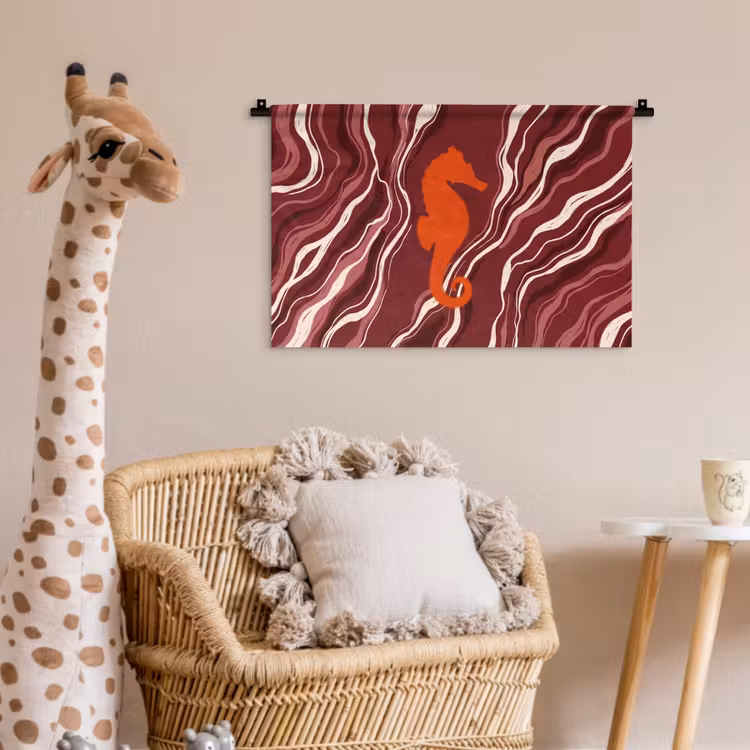 Zeepaardje - Golven - Zeeleven - Abstract - Oranje Wandkleed katoen klein -wsfeer5_kind