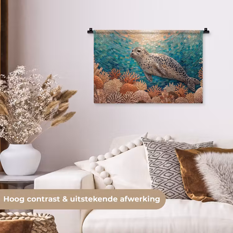 Zeehond - Mozaïek - Onderwater - Dieren - Blauw Wandkleed katoen klein -sfeer1