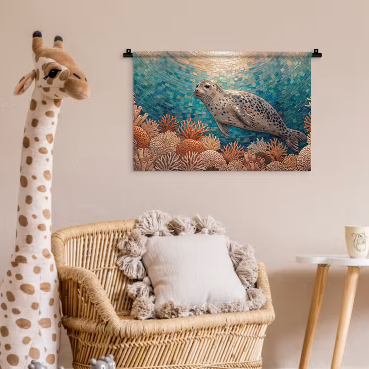 Zeehond - Mozaïek - Onderwater - Dieren - Blauw Wandkleed katoen klein -wsfeer5_kind
