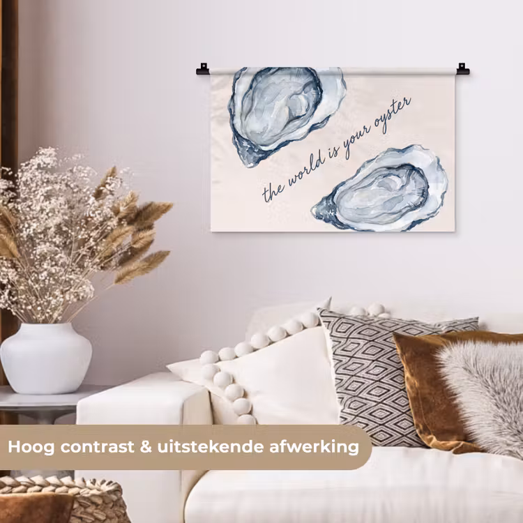 Zeeleven - Oester - Aquarel - Minimalistisch - Blauw Wandkleed katoen klein -sfeer1