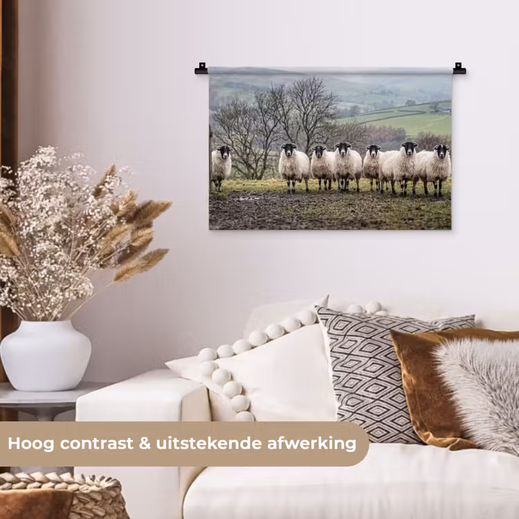 Schapen - Rij - Weide - Dieren - Platteland Wandkleed katoen klein -sfeer1