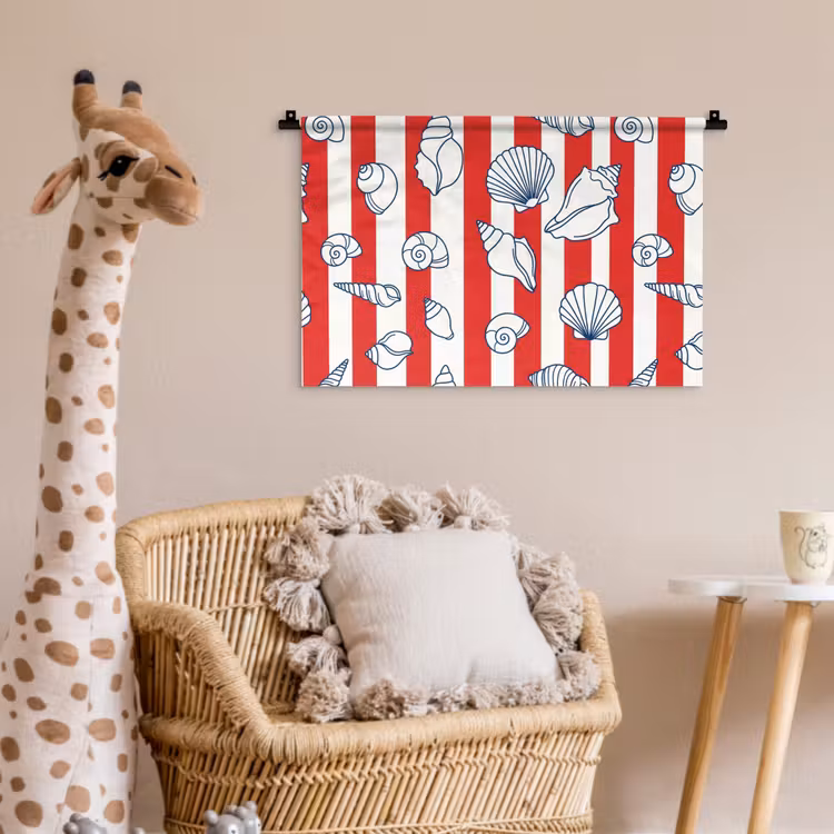 Schelp - Zeedieren - Zomer - Illustratie - Rood - Blauw Wandkleed katoen klein -wsfeer5_kind