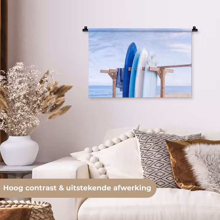 Surfplank - Strand - Zomer - Blauw - Water Wandkleed katoen klein -sfeer1