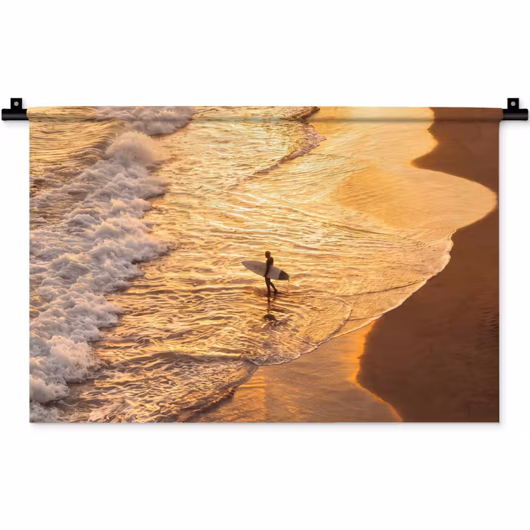 Surfer - Strand - Zonsondergang - Oceaan - Goud Wandkleed katoen klein -zz3d