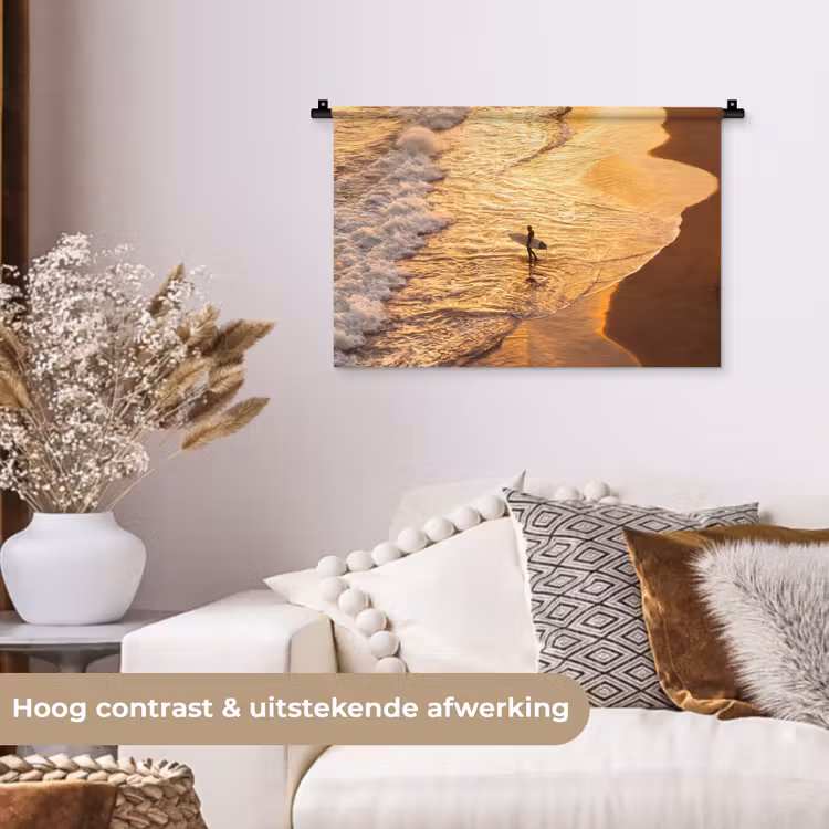 Surfer - Strand - Zonsondergang - Oceaan - Goud Wandkleed katoen klein -sfeer1