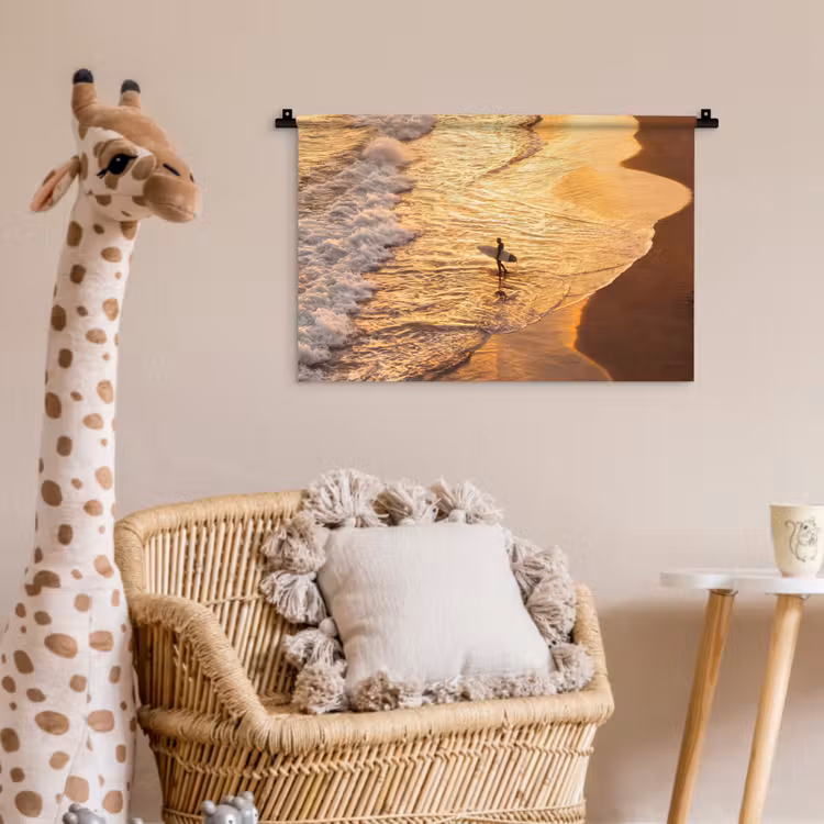 Surfer - Strand - Zonsondergang - Oceaan - Goud Wandkleed katoen klein -wsfeer5_kind