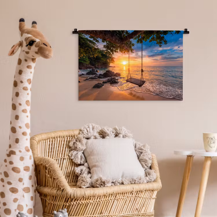Schommel - Strand - Zonsondergang - Natuur - Oranje Wandkleed katoen klein -wsfeer5_kind