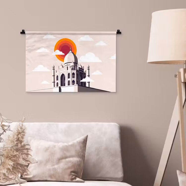 Taj Mahal - Zon - Koepel - Architectuur - India - Grafisch Wandkleed katoen klein -sfeer4