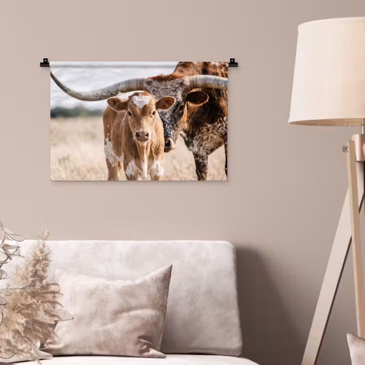 Texas Longhorn - Kalf - Weide - Dieren Wandkleed katoen klein -sfeer4