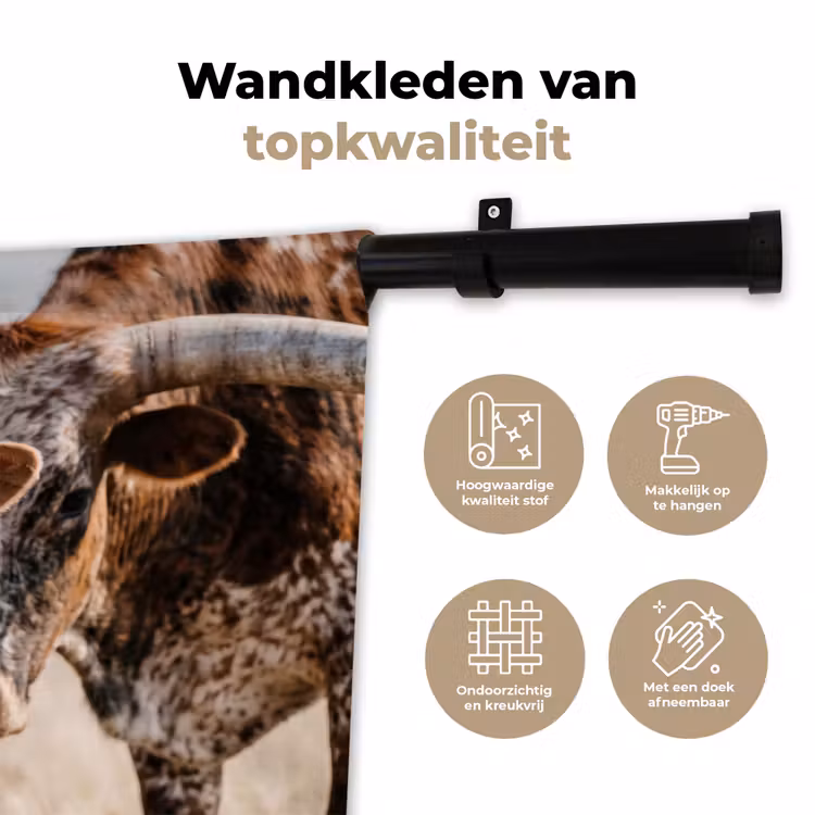 Texas Longhorn - Kalf - Weide - Dieren Wandkleed katoen klein -sfeer2
