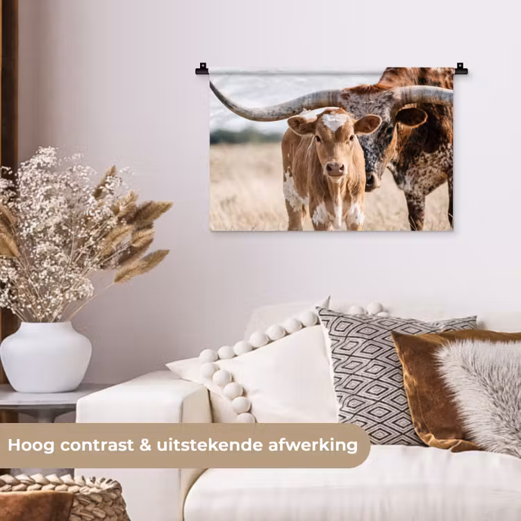 Texas Longhorn - Kalf - Weide - Dieren Wandkleed katoen klein -sfeer1