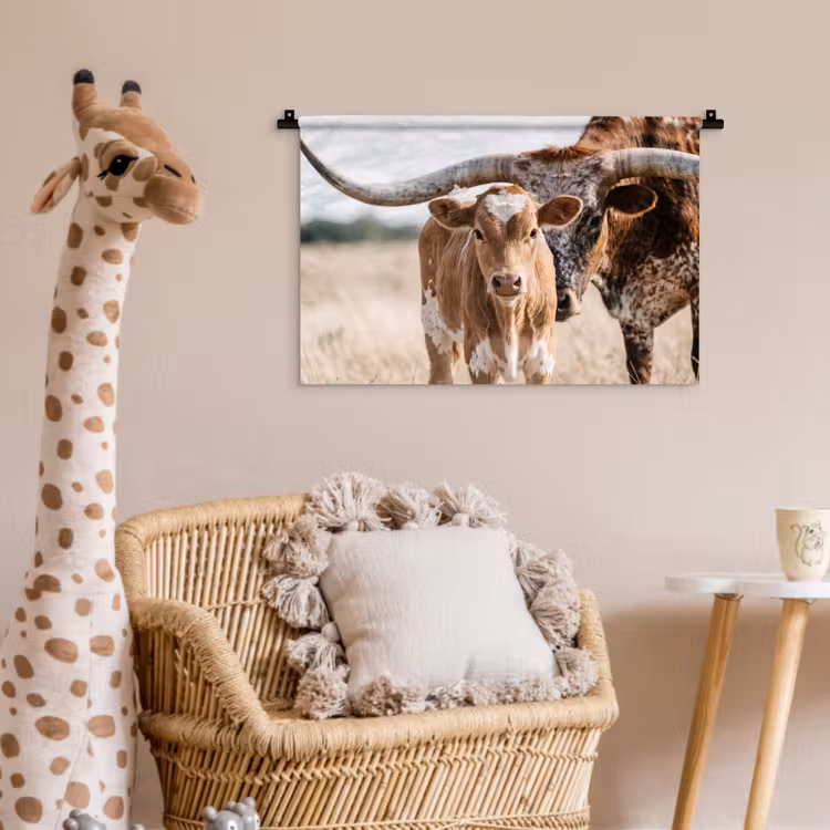 Texas Longhorn - Kalf - Weide - Dieren Wandkleed katoen klein -wsfeer5_kind